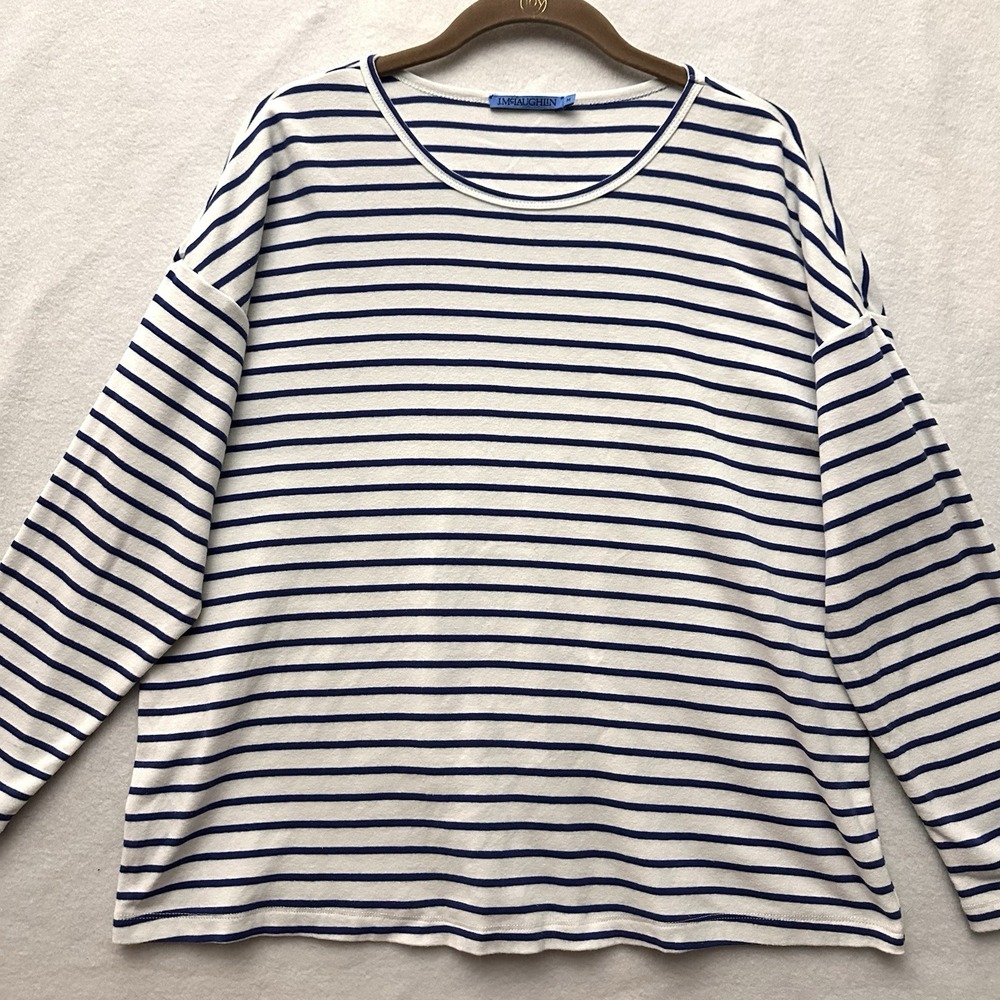 J. McLaughlin Womens Medium M Blue Striped 3/4 Sleeve Nautical Fisherman - Picture 1 of 7